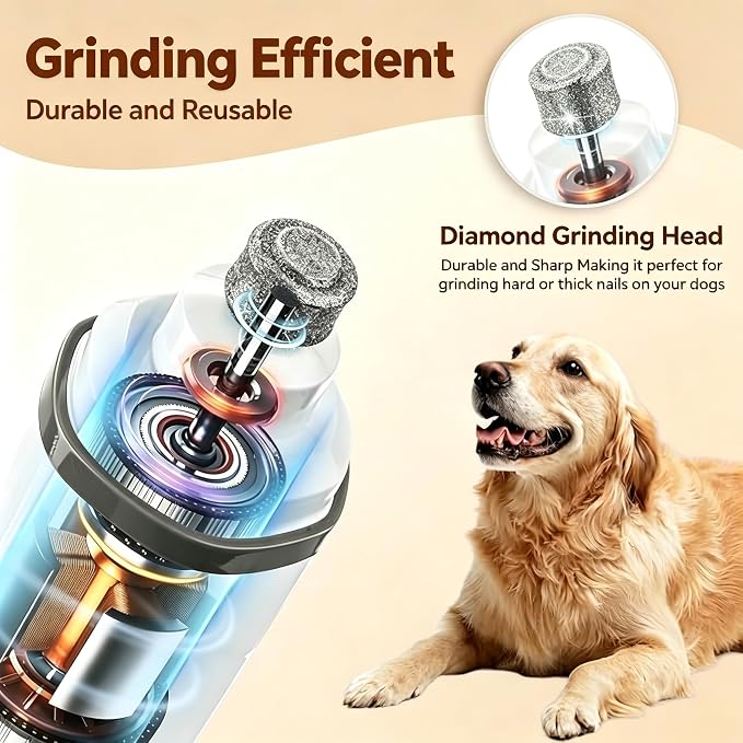 Dog Nail Grinder Quiet- 3-Speed Dog & Cat Nail Grinder with LED Light & Battery Display & Upgrade Grinding Head - Painless Nail Trimmer for Small to Large Pets, Thick Nails, and Sensitive Paws
