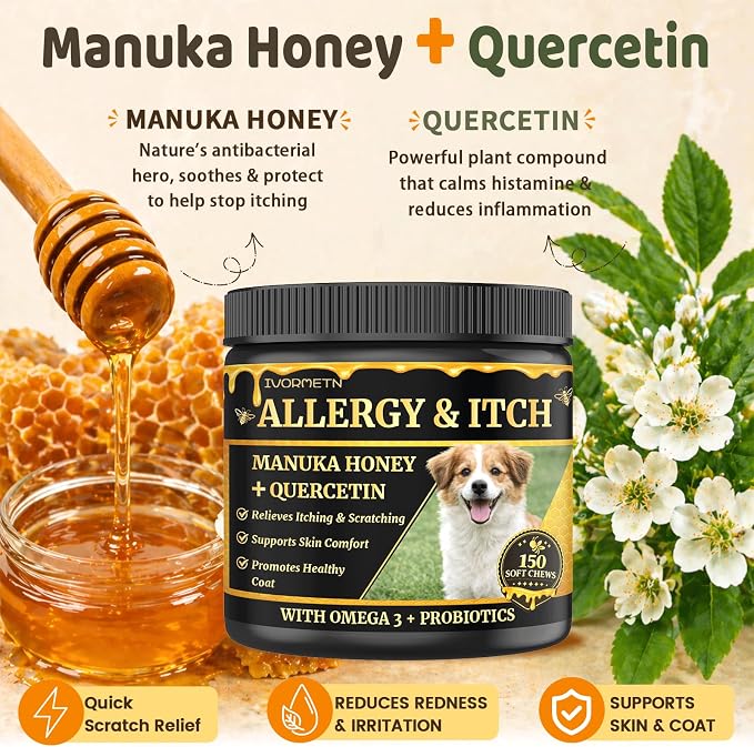 Manuka Honey for Dogs - Allergy & Itch Relief Chews - Skin Comfort & Coat Health - with Quercetin,Krill Oil,Colostrum &Probiotics - Stop Paw Licking, Soothe Itchy Ears & Yeast Balance - 150 Soft Chews