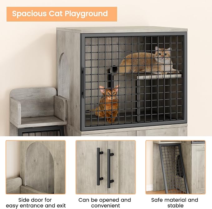 Cat Litter Box Enclosure Furniture with Double Layer Design, Hidden Litter Box & Lounge Villa for Indoor Cats - Includes Ladder, Platform, and Washroom Space for Living Room, Gray