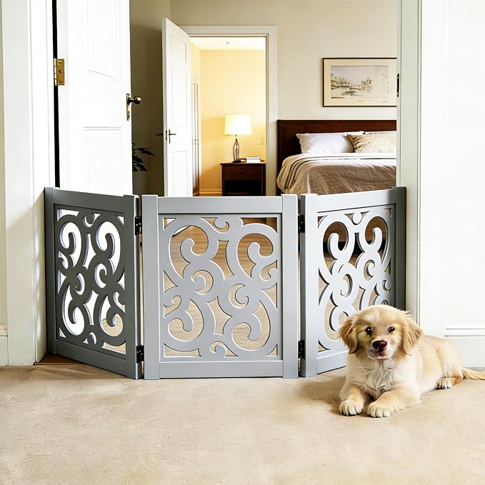 Ashfield & Harkness: 3-Panel Pet Gate - Scroll Grey - Wooden Foldable Freestanding Fence, Small Dogs & Puppy, 48 x 19.3, Indoor-Doorway-Halls-Stairs