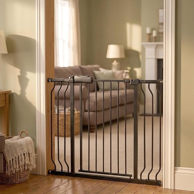 Baby Gate 38.5-43.5" Dog Gate Pressure Mounted Walk Through Safety Gate for Stairs & Doorways, Black Metal with Extension Kit, No Drilling Indoor Pet Gate