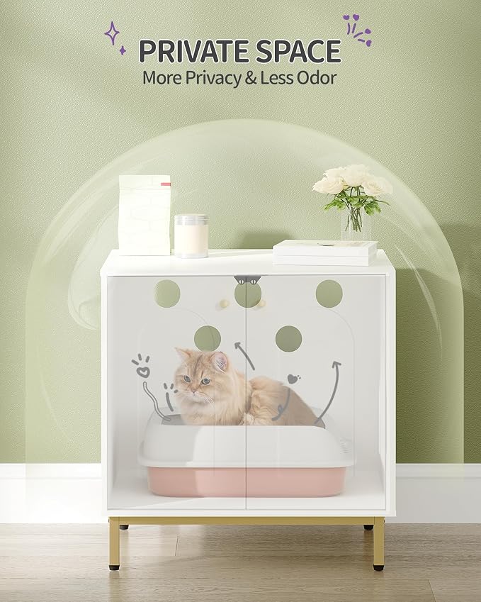 Hzuaneri Cat Litter Box Enclosure, Hidden Litter Box Furniture Cabinet, Wooden Indoor Cat House, Side End Table, Living Room, Bedroom, White and Gold CB81203G