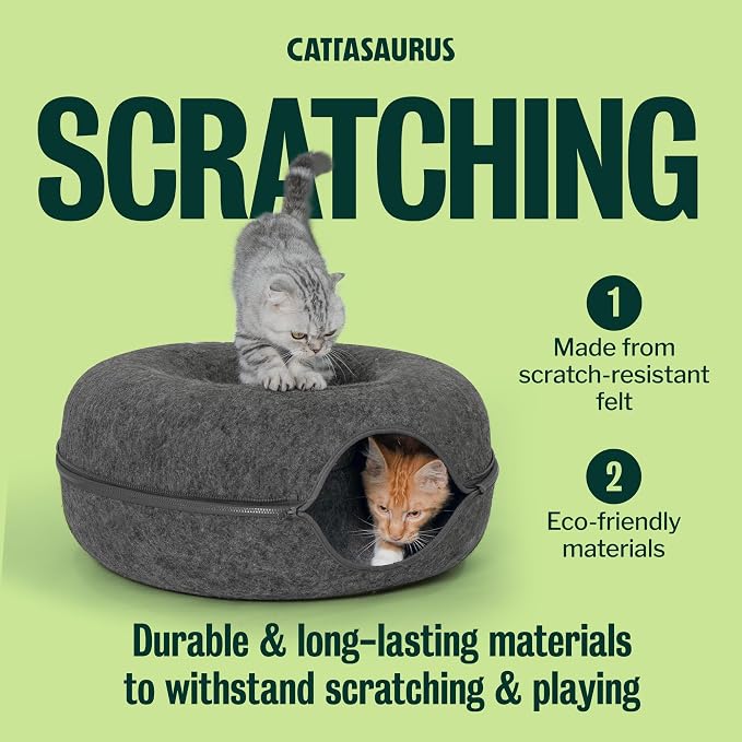 Cattasaurus Peekaboo Cat Cave Donut for Multiple & Large Cats up to 30-45 lbs, 3-in-1 Self Warming Cat Bed, Tunnel & Scratcher for Indoor Cats, Washable & Detachable (Dark Gray + Dark Gray, Large)
