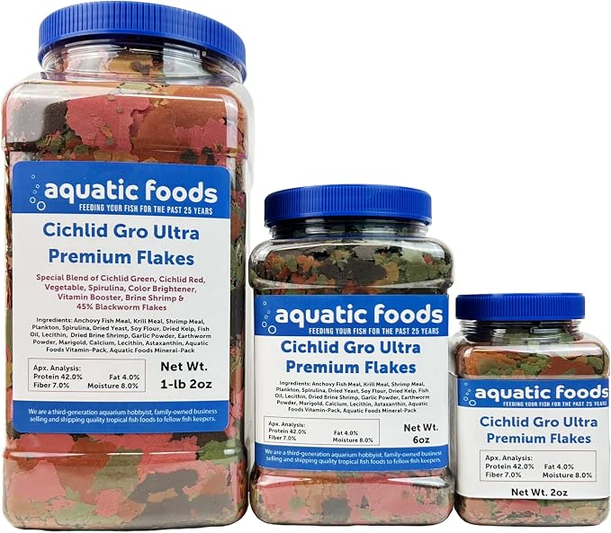 Premium Cichlid Gro Ultra 8-Type Flake Mix with Krill, Shrimp, Plankton, Spirulina for Central & South American Cichlids Also Pellet Mix, Wafer Mix Included…6oz