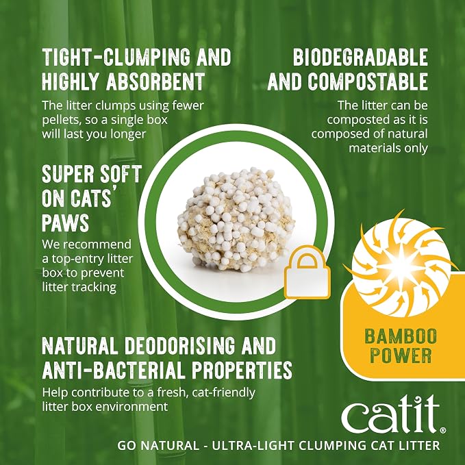 Catit Go Natural Ultra-Light Clumping Cat Litter, Bamboo Pellets, Dust-Free, Lightweight, Compostable, Vanilla Scent, Soft on Paws, Deodorizing, Eco-Friendly 3.15lb (4-Pack)