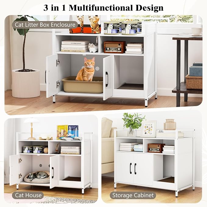 Tangkula Litter Box Enclosure, Enclosed Cat Box Cabinet with 2 Storage Compartment, Metal Frame, Scratching Board, Hidden Cat Washroom, Modern Litter Box Furniture for Indoor Kittens