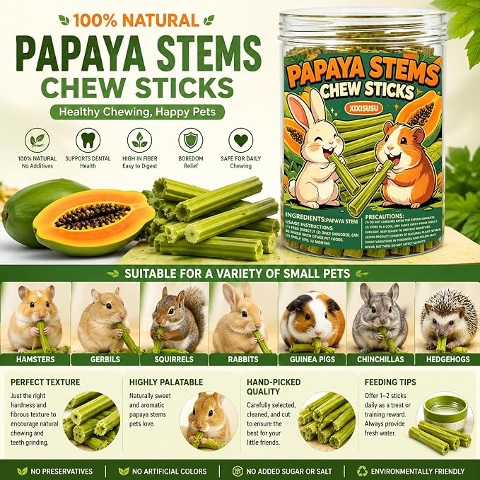 40pcs Natural Papaya Stems Chew Toys, Small Pet Molar Sticks for Rabbits, Hamsters, Chinchillas, Guinea Pigs, Squirrels & Hedgehogs