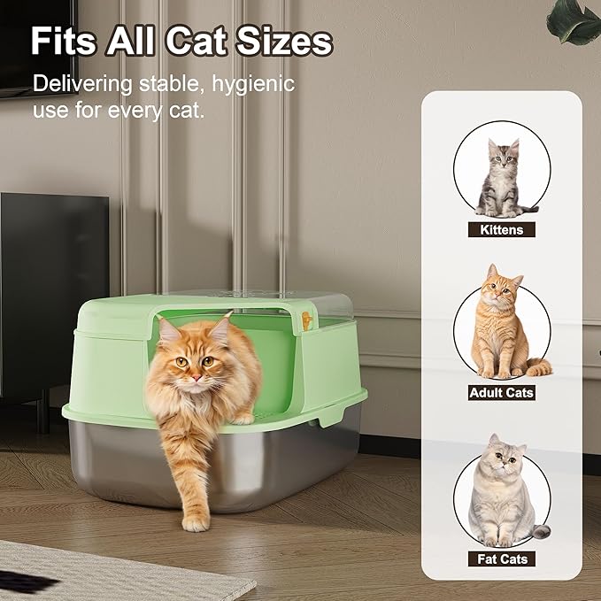 3-in-1 Convertible Cat Litter Box, ABS + Stainless Steel Pan, Enclosed Low Entry High Sided Box with Litter Trapping Grid, 23.1x16.93x14.1 Inch, for Senior Kittens & Large Cats（Green）