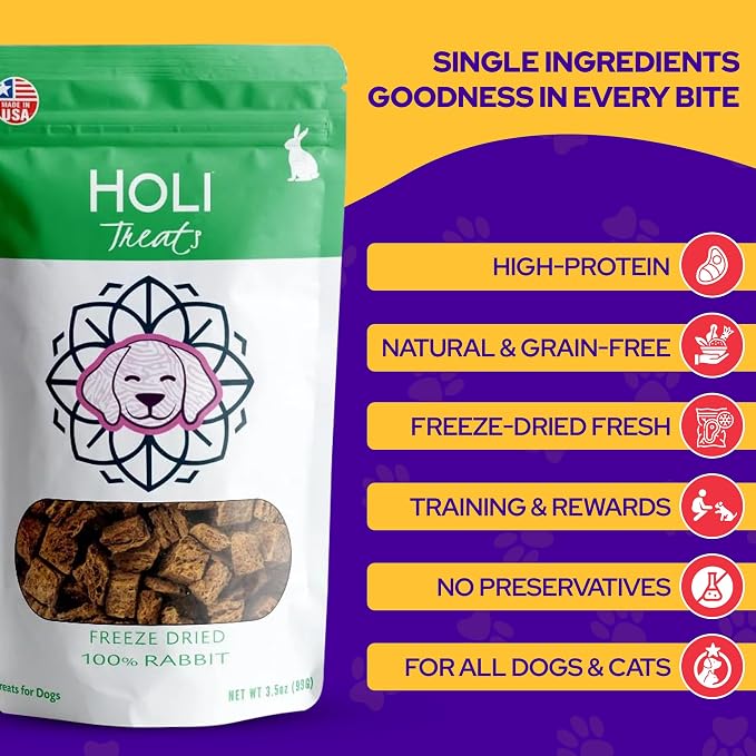HOLI Freeze Dried Rabbit Dog Treats – Single Ingredient Freeze Dried Rabbit Treats for Dogs – All Natural – High Value Training Treats - 3.5oz