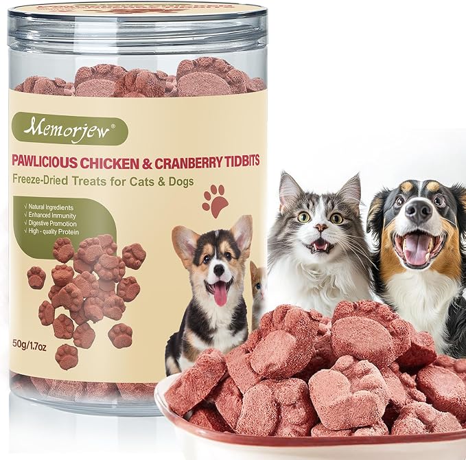 Memorjew 50g Chicken & Cranberry Freeze- Dried Blend for Cats & Dogs, Natural Grain-Free Nutritious Snack, No Artificial Additives(Chicken & Cranberry 50g)