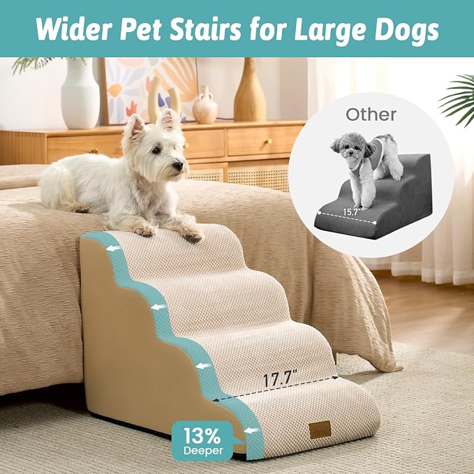 COZY KISS Wide Dog Stairs for Small Dog 19.7" H, Pet Step for Puppy, Older Cat, Curved Ramp for High Bed or Car, Stairs with High Density Foam, Lightweight, Durable, 4 Step, 17.7x28x19.7 inch, Beige