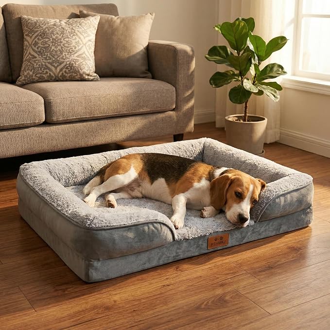 Orthopedic Dog Bed for Large Dogs - Gel Memory Foam Pet Bed with Waterproof & Washable Cover, Contoured Bolster Design for Dogs & Cats (Grey, 36.0" L x 27.0" W x 6.7" Th)