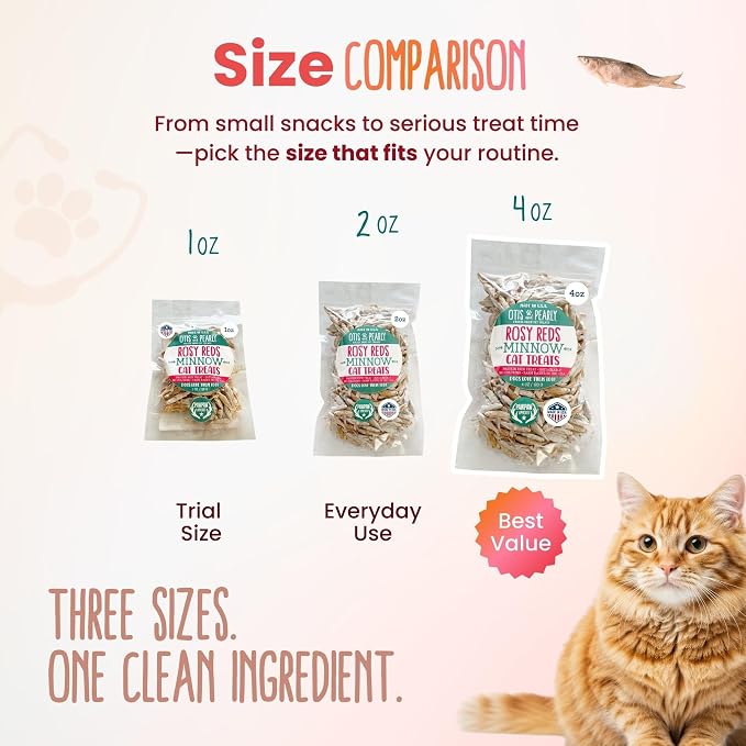 Otis & Pearly Rosy Red Freeze Dried Minnows for Cats, 1oz - Pure, Single Ingredient Cat Treat, Whole Minnows, All Natural Healthy, Made in USA