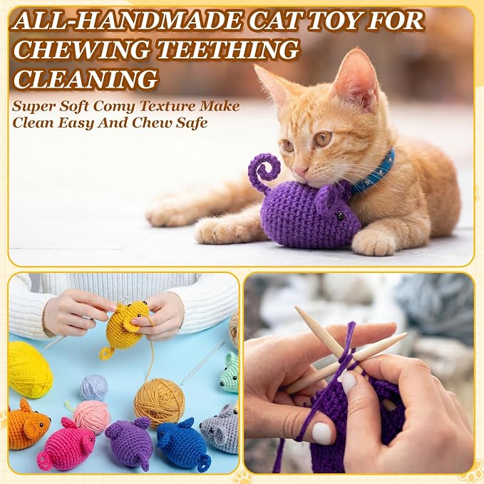 Outus 10 Pcs 3.5inch Crochet Mice Cat Toys Bulk Interactive Cat Mouse Toys Knitted Chew Animals Toy for Indoor Cats Kittens Cleaning Teething Kicker Chasing and Batting