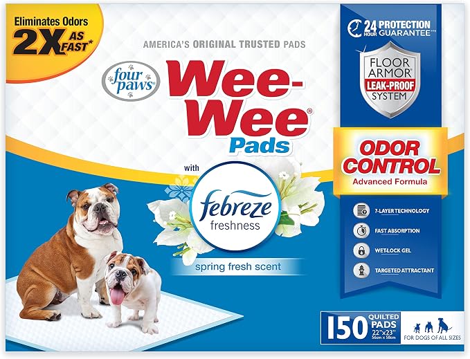 Four Paws Wee-Wee Odor Control with Febreze Freshness Pee Pads for Dogs & Puppies, Leak-Proof Dog Housebreaking Potty Training Floor Protection, Spring Fresh Scent, 22" x 23", 150 Count