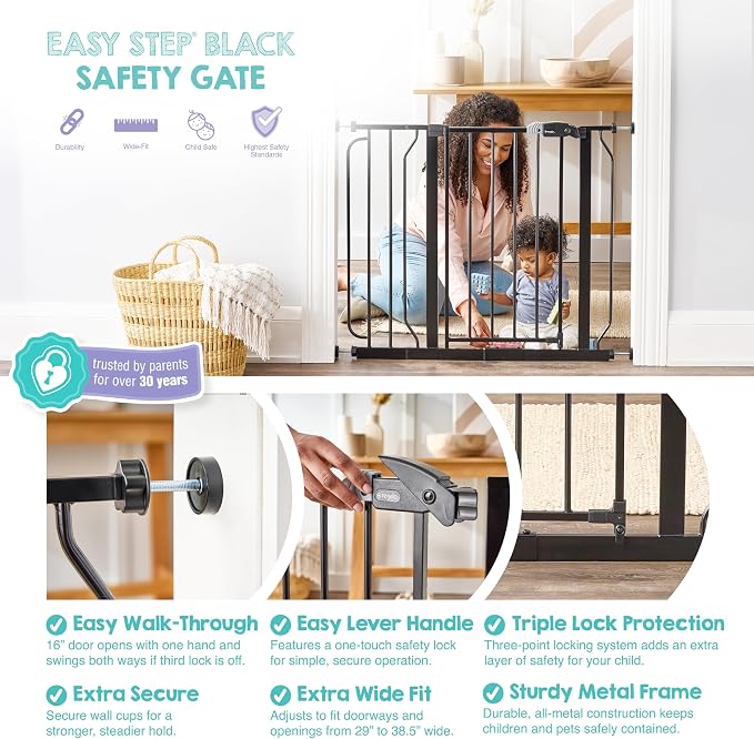 Regalo Safety 29-38.5" Baby Gate for Doorways & Bottom of Stairs, Pressure Mounted Baby Gate with Door for Babies, Toddlers & Pets, Tested & Safe for 30 Years, American Designed, American Owned, Black
