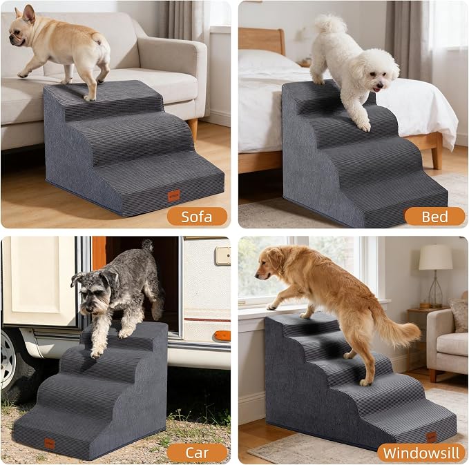 Dog Stairs for Small Dogs and Cats, 19.7" H, 4-Step Curved Pet Ramp for Beds or Couches, Non-Slip Medium Pet Steps with High Density Foam, Grey
