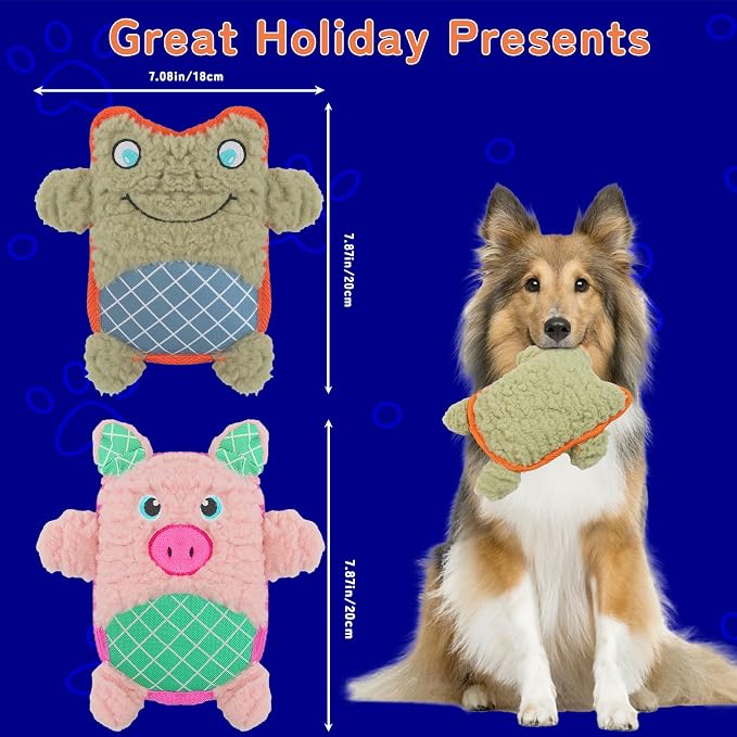 Crinkle Dog Toys Squeaky Plush No Stuffing Cute Puppy Stuffless Tough Rop Pull Toy, Fun Dog Stuffed Animals Durable Chew Set for Small Medium Large Pup (Large, Pink Pig+Green Frog)