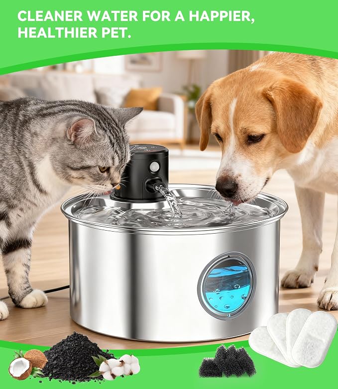 Cat Water Fountain Filter Replacement: 8 Carbon Filters & 8 Foam Sponges Kitty Spout Pump Filters for 108Oz/3.2L & 67Oz/2L Stainless Steel Pet Water Dispenser Cat Dog