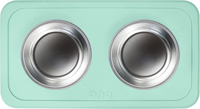 Ono Good Bowl Food & Water Double Feeder - Small to Medium Pets No Spill Non Skid Silicone Mat & Stainless Steel Bowls for Dogs or Cats (Mint)