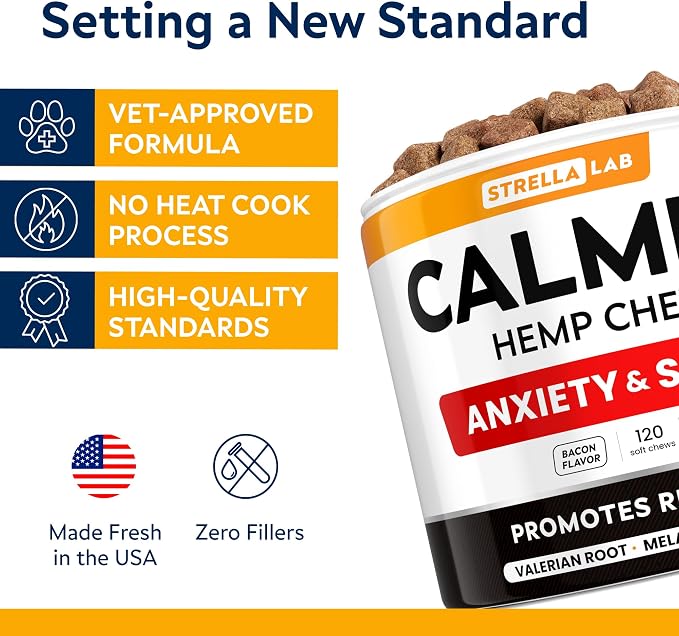 Hemp Calming Chews for Dogs - Advanced Dog Calming Treats - Dog Calming Chews - Anxiety Relief Treats - Separation Aid, Barking, Stress Relief, Thunderstorms - Melatonin - Hemp Oil - 120Ct - Bacon