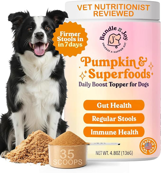 Bundle x Joy Superfoods with Pumpkin for Dogs Daily Boost, Vegan Digestive Support, Gut Health for Dogs, Supports Stomach Upset & Loose Stools, Dog Supplements Made in USA - 35 Scoops
