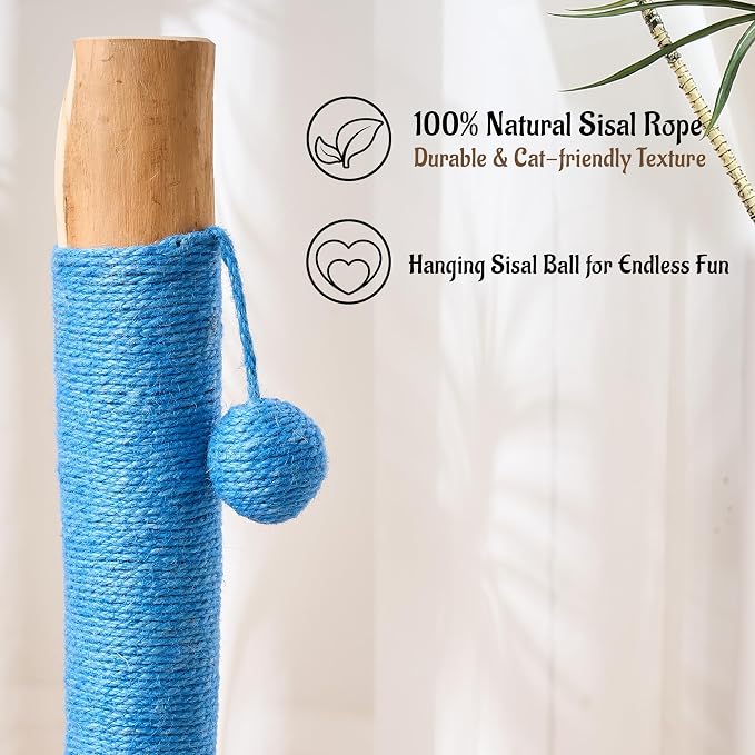29" Tall Solid Wood Cat Scratching Post for Indoor Cats, Extra Stable Heavy Base, Natural Sisal Scratcher with Hanging Ball, Furniture Protector for Kittens & Adult Cats, Blue