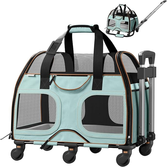 Airline Compliant Pet Carrier with Removable Wheels and Telescopic Handle