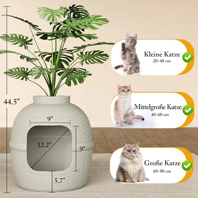 Wisteria Lane Cat Litter Box, Hidden Enclosure with Faux Plant & Rattan Pattern, Cat Bed & Litter Box 2-in-1, Heavy Duty PP Litter Box Enclosure for Living Room, Bedroom, Corner, Laundry Room, White