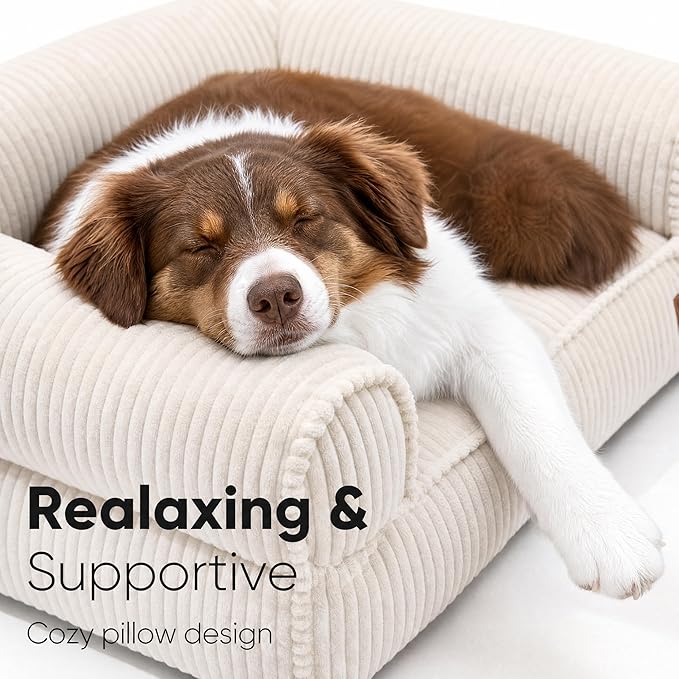 FUKUMARU Cute Dog Bed, Thickened Orthopedic Dogs Couch, 36in Egg Crate Foam Pet Sofa for Medium to Large Dogs, Waterproof Warm Corduroy Pet Bed with Washable Cover, Cream