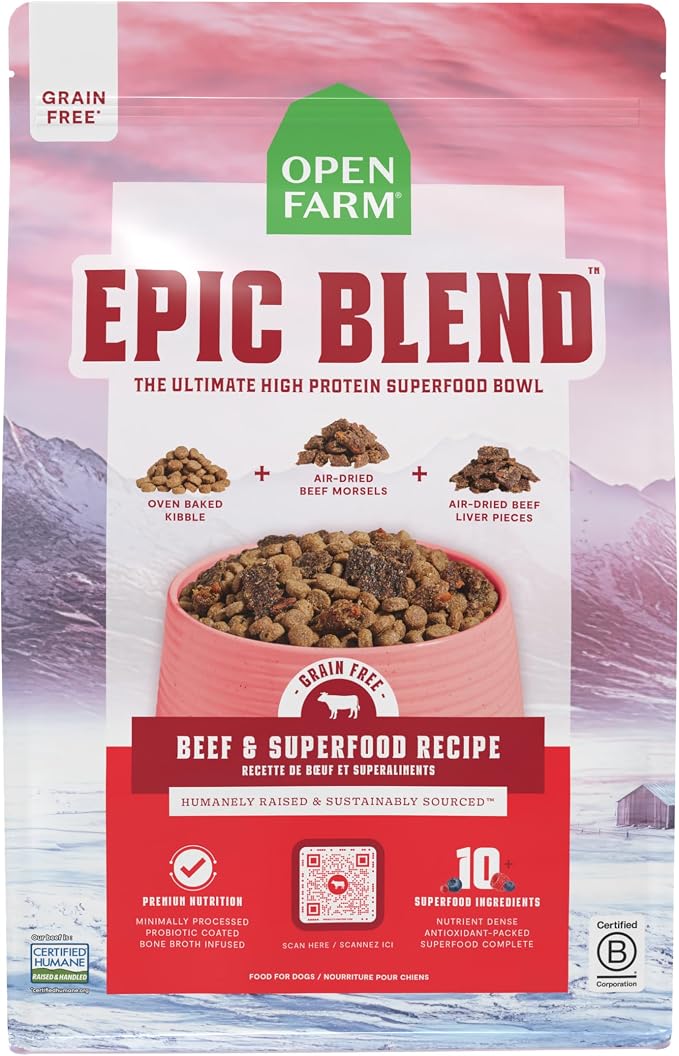 Open Farm, Epic Blend Grain Free High Protein Dry Dog Food, Probiotic Coated & Bone Broth Infused Kibble with Air Dried Meat & Organs, Beef & Superfood Recipe, 18lb Bag