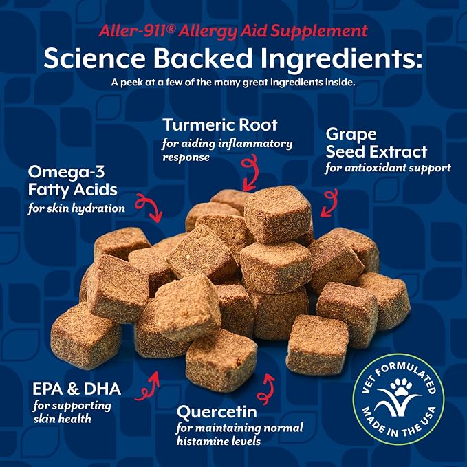 NaturVet Aller-911 Advanced Allergy Aid for Dogs, Cats – Antioxidant-Rich Pet Supplement with Omegas, DHA, EPA – Helps Support Dog Immune System, Cat Respiratory Health, Skin Moisture 70 Soft Chews