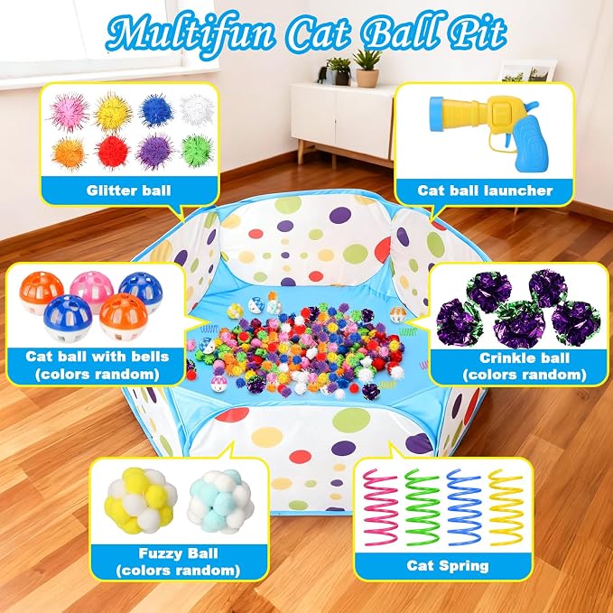 219PCS Cat Ball Pit with Balls, Interactive Toy for Indoor Bored Cats with Ball Launcher, Jingle Balls, Crinkle Balls, Springs, Pom Pom Balls, Cat Enrichment Toys, Kitten Toys for Self Playing