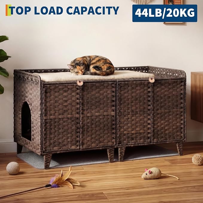 Rattan Litter Box Enclosure Double Room Cat Hidden Litterbox Furniture with Removable Litter Mat & 2 Hooks, Natural Cat House End Table, Easy Assembly, 47.2" l x 19.7" w x 23.6" h Brown
