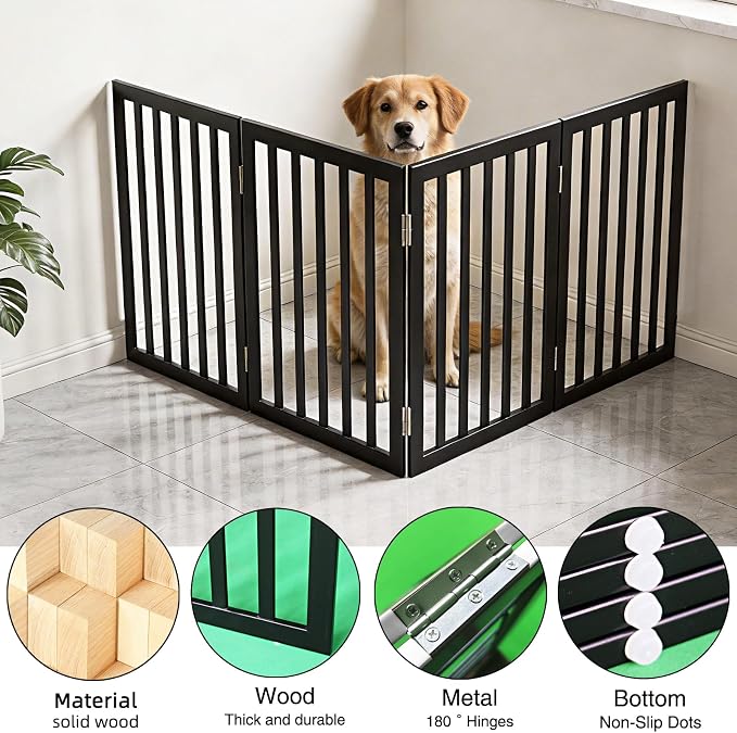Dog Gate Indoor, Freestanding Dog Fence for The House, Doorways, Hallways,or Stairs,Pet Gate Foldable Wooden,Expandable 24" Height 4 Panels,Black