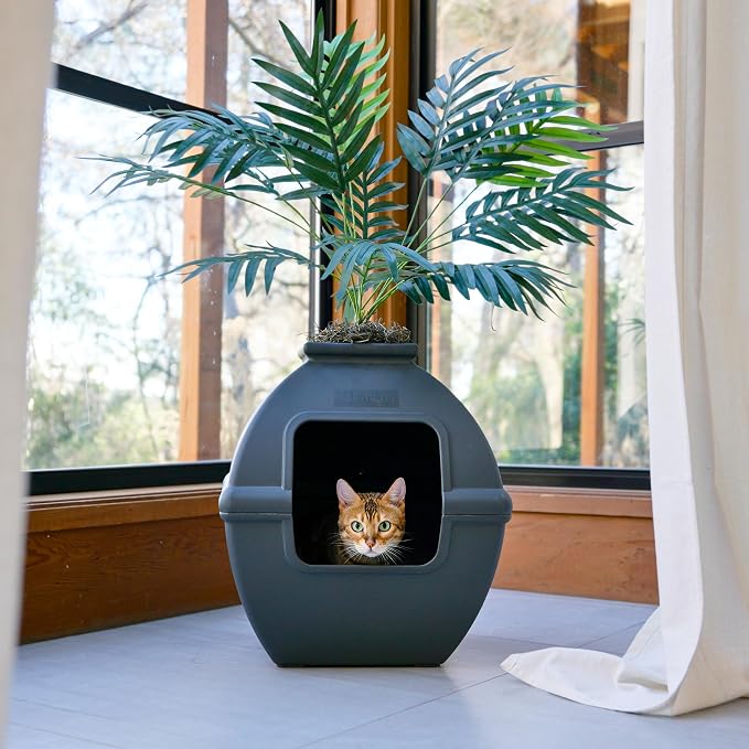 Good Pet Stuff Courtyard Hidden Litter Box Planter, Decorative Cat Litter Enclosure with Carbon Filter, Artificial Palm Plant, Square Design, Easy to Clean, Base Kit, Black Suede