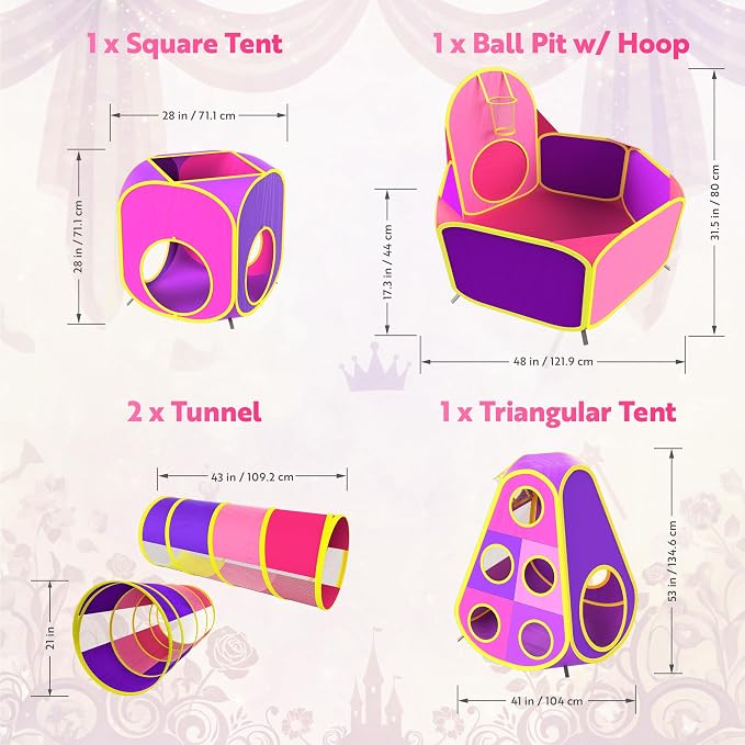 Playz 5pc Kids' Play Tents & Tunnels - Ball Pit for Toddlers, Basketball Hoop, Crawling Tubes, Pop-Up Playhouses, Baby Obstacle Course for Indoor or Outdoor Use