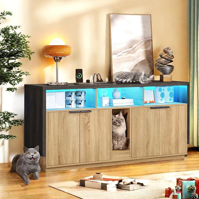 YITAHOME Double Hidden Cat Litter Box Enclosure with Power Outlet & LED Light, 60 Inch Dual Kitty Litter Box TV Stand Furniture for 2 Cats, Wooden Cat Cabinet for Indoor Cats, Grey Oak