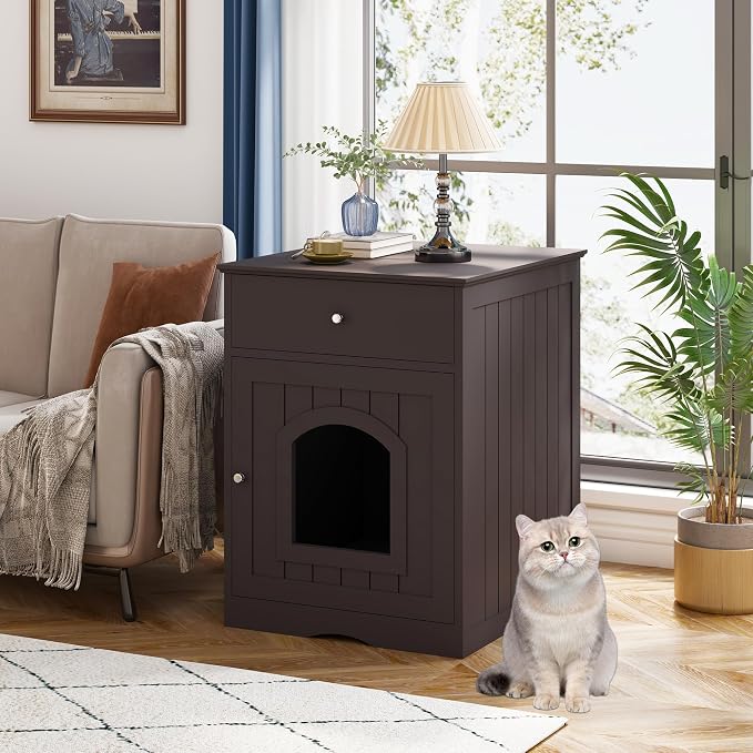 Litter Box Enclosure, Hidden Cat Litter Box Cabinet with Drawer, Wooden Pet Crate, Litter Box Furniture as Cat House, End Table, Fit Most of Litter Box (Brown)