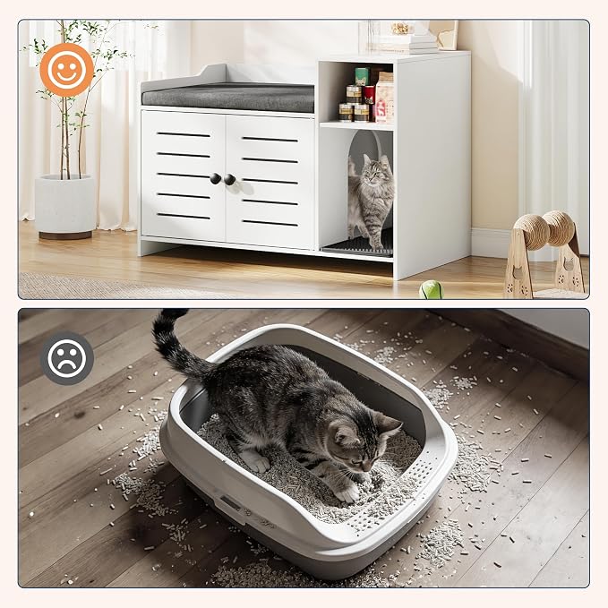 Hidden Cat Litter Box Enclosure Cabinet with Mark Pad – Modern Farmhouse Cat House Furniture, Storage Shelf – Discreet Indoor Use for Hallway or Bedroom, White
