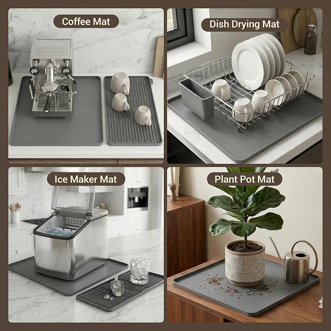 Silicone Coffee Mat for Countertop, 16x16 inch Heat Resistant Espresso Machine Mat, Non-Slip Coffee Bar Mat with Detachable Drying Area and Raised Edge, Waterproof Station Pad - Grey