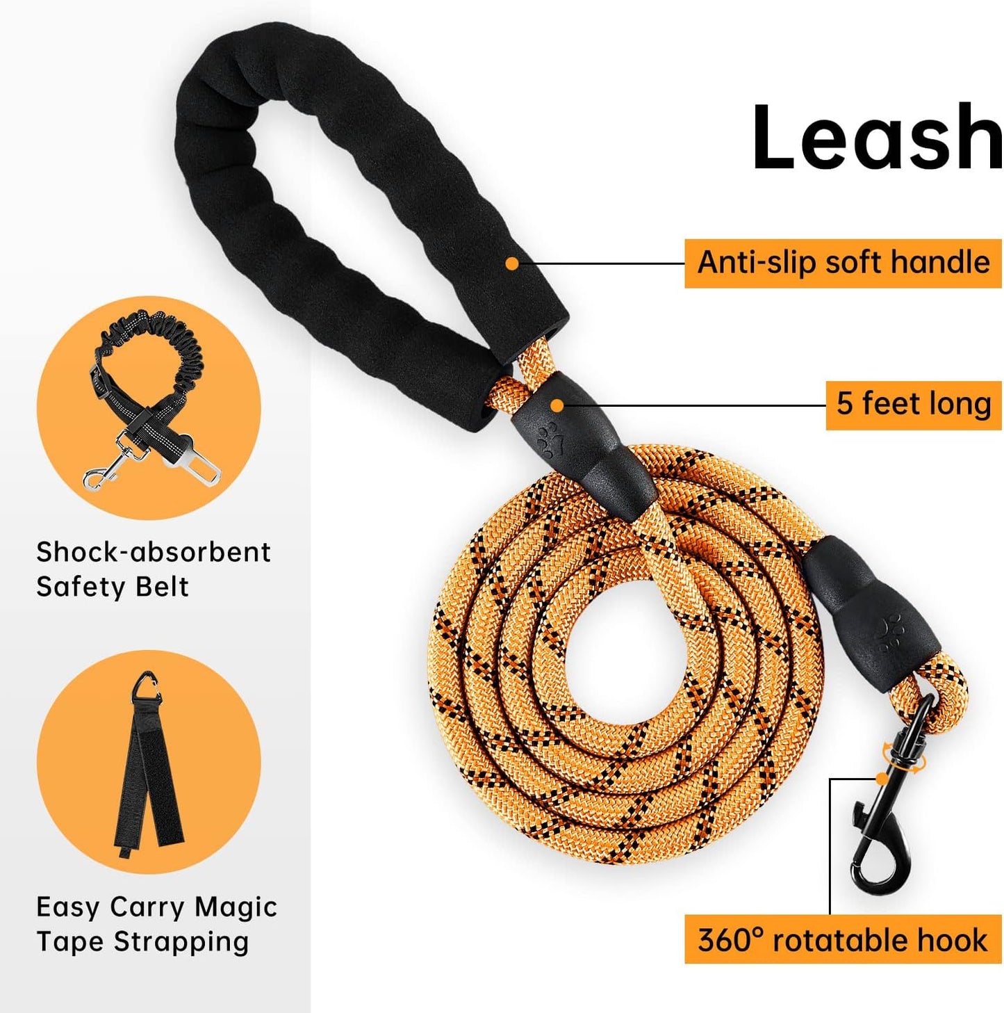 IVY&LANE No Pull Dog Harness for Large Dogs, Dog Vest Harness with Leash, Safety Belt and Storage Strap, Fully Adjustable Harness, 360° Reflective Strip, Soft Handle (Orange, L)