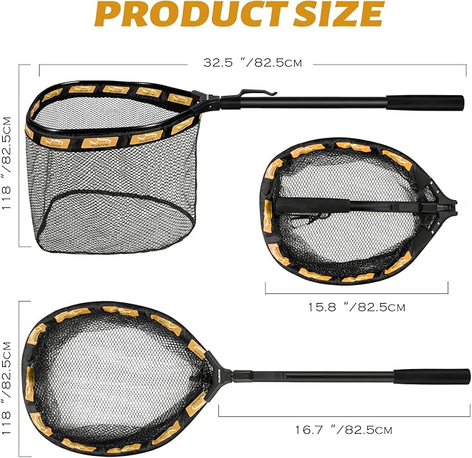 PLUSINNO Fishing Net Fish Floating Landing Net, Kayak Nets with Fixed Foldable Telescopic Pole Handle, Bass Trout Fishing Nets with Nylon Mesh for Pond Lake River, Fishing Gear Gifts for Men Anglers