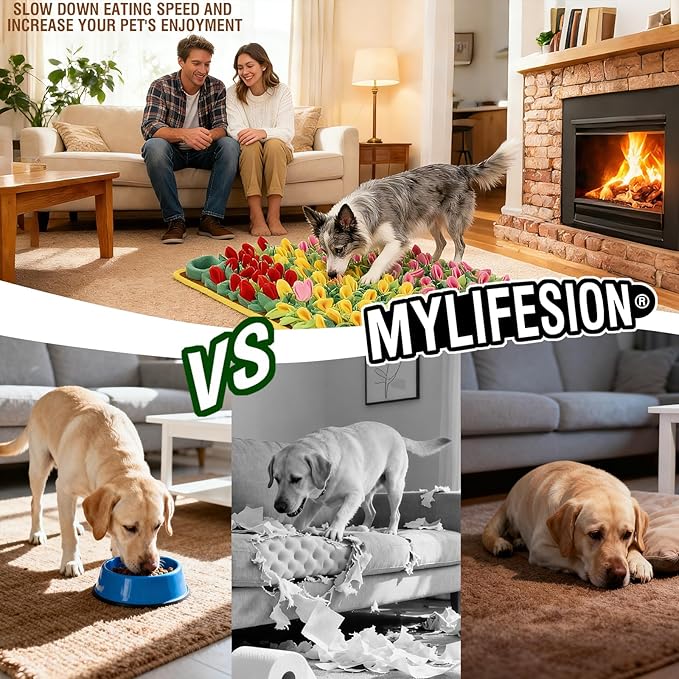 MYLIFESION Snuffle Mat 23.62''×15.75'' for Small & Medium Dogs, Slow Feeding Puzzle Sniff Mat for Cats Rabbits, Mentally Stimulating Scent Training, Portable Durable Pet Food Mat (Tulip Style)