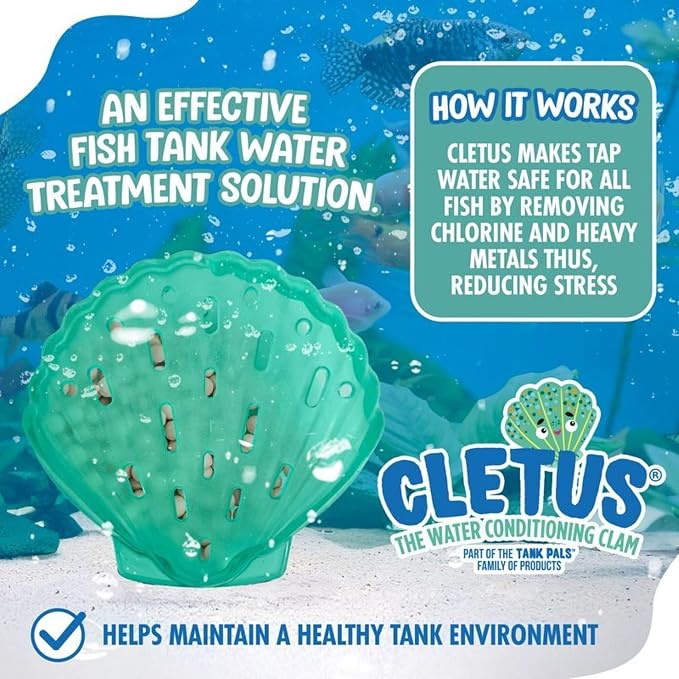 Cletus The Water Conditioning Clam - 1 Pack, Blue - Fish Tank & Aquarium Water Preparation, Chlorine Neutralizer & Heavy Metal Filtration