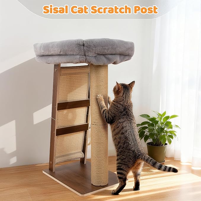 27.5" Cat Scratching Post, 3-in-1 Multifunctional Walnut Finish Pine Wood Cat Furniture, Tall Scratch Posts with Perch&Scratcher, Boxed with Hanging Bell Toy, Medium