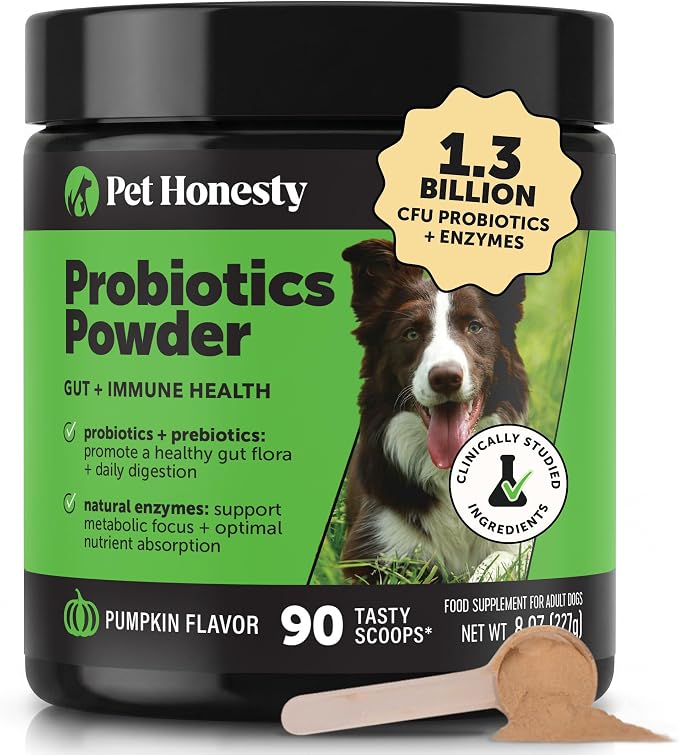 Dog Probiotic Powder with Digestive Enzymes + Prebiotics - Pumpkin Food Topper Supplement for Healthy Digestion, Sensitive Stomach, Gas Relief + Immune Support - Soluble Fiber for Dogs (90 Scoops)