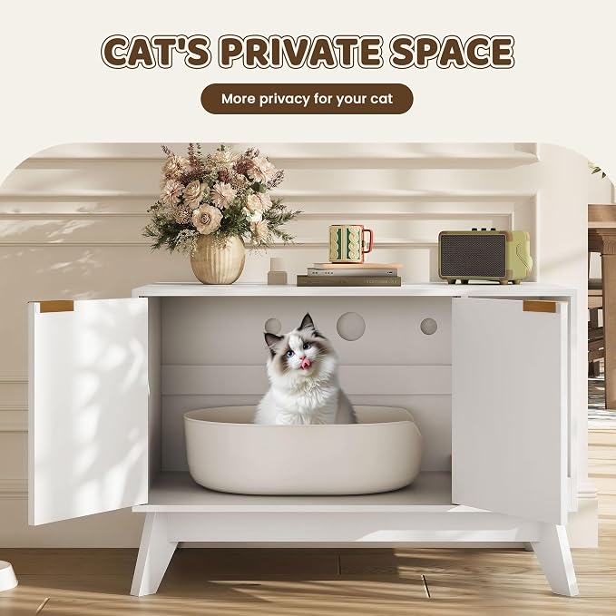 Cat Litter Box Enclosure Hidden Litter Box Furniture with Scratch Pad Cat House Wooden Cat Washroom Cabinet 2-in-1 for Living Room,Hallway,White