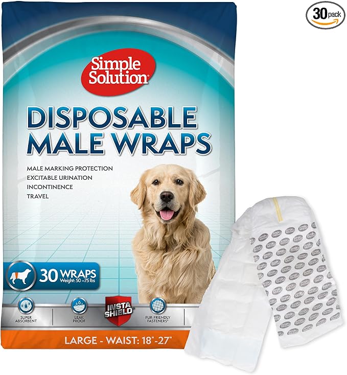 Simple Solution Disposable Male Wraps, Absorbent Leak Proof Belly Bands for Dogs, Incontinence Aid, Puppy Training, Marking Control, and Travel Protection, Toy Dogs, 9–14 Inch Waist, 30 Count