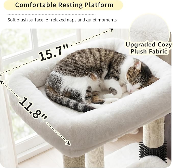 Heybly Cat Scratching Post, Small Cat Tree Tower with 3 Full Sisal Posts, Removable Plush Bed, Grooming Brush, Stable & Space-Saving Cat Furniture with Gentle Step for Indoor Cats, White HSP001SWH